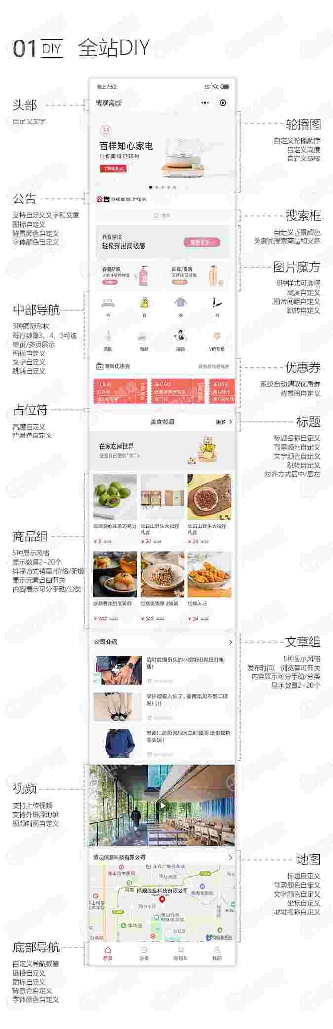 功能模块：博观商城V1.0.17 小程序前端+后端